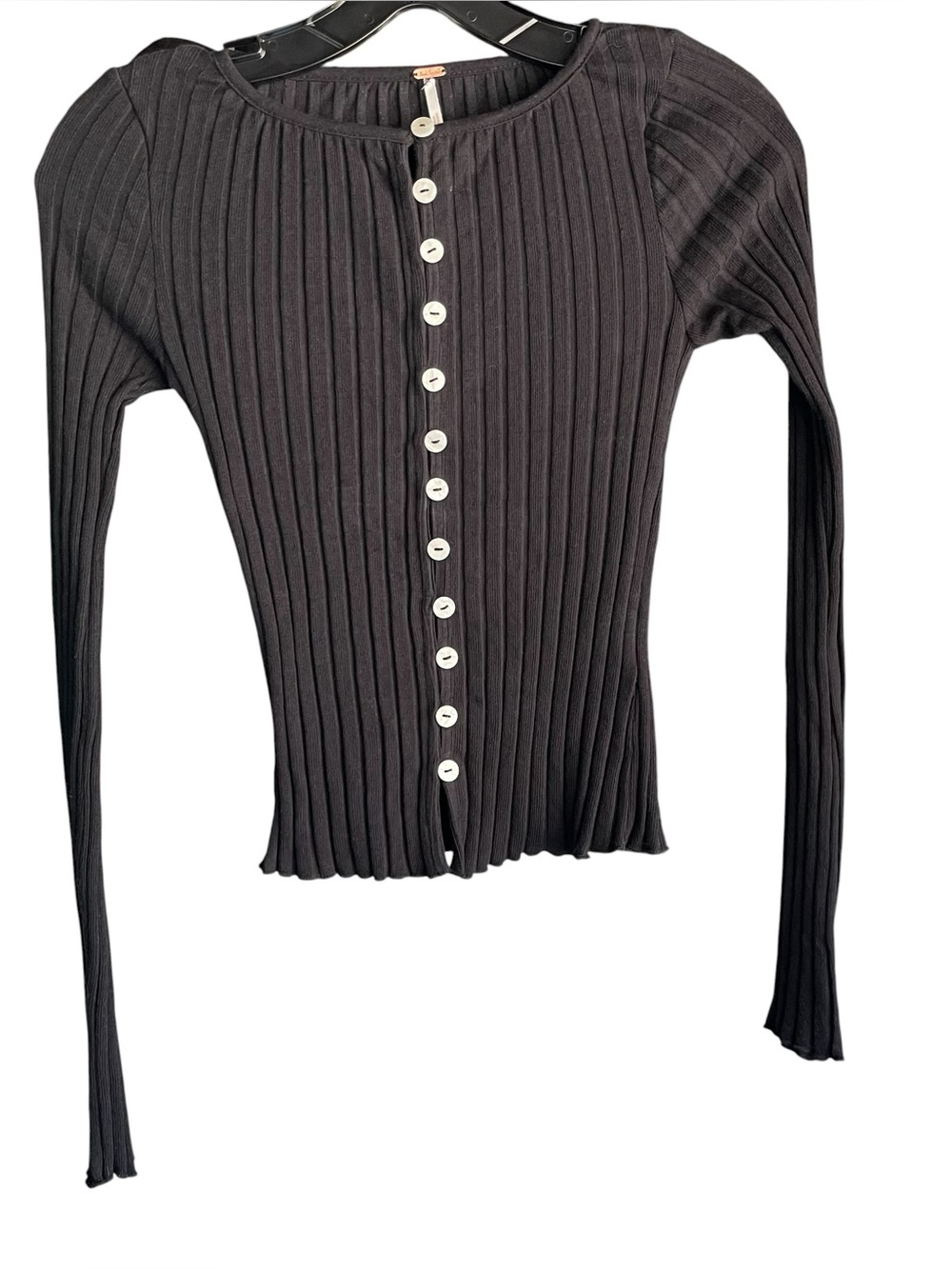 Free People Tilly Black Ribbed Button-Front Long Sleeve Top - Picture 4 of 11